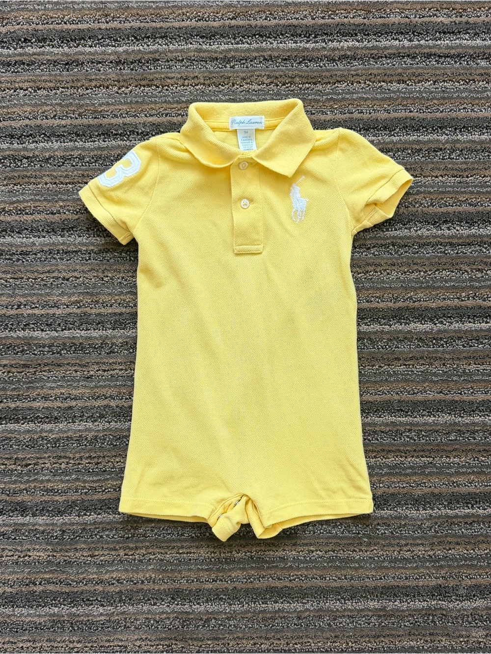 Ralph Lauren Unisex Yellow Polo Romper with White Pony & Sleeve Patch